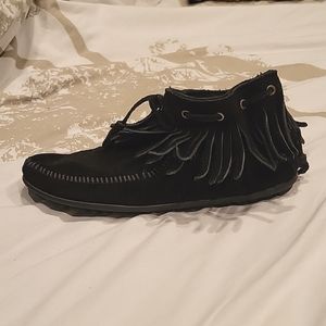 Minnetonka black fringe suede hardsole moccasin bootie